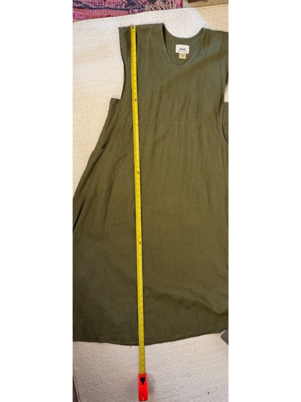 Flax Jeanne Engelhart Olive Green Linen Maxi Dress Large Lagenlook Minimalist - Picture 11 of 13